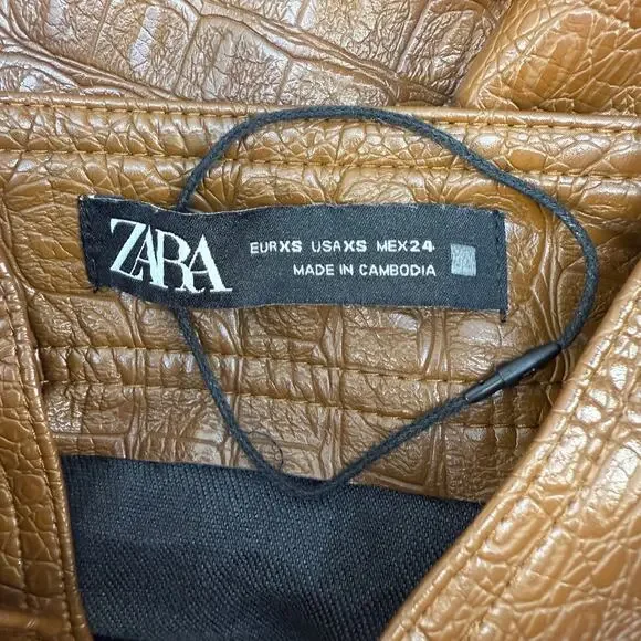 Zara Skirt Women's XS Brown Croc Embossed Vegan Leather Suspenders Miniskirt - Picture 5 of 10